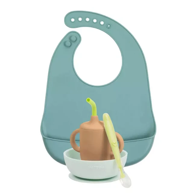 Nattou Set 4 Stoviglie con Ciotola, Cucchiaio, Bavaglio e Tazza con Cannuccia
