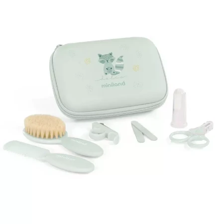 Miniland Baby Kit Set Accessori per la Cura del Neonato Pochette con Forbicine, Lima, Pettine, Spazzola e Spazzolino - mint
