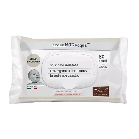 Fiocchi di Riso Salviette Detergenti Acqua Non Acqua Senza Profumo, biodegradabili, 60 salviette