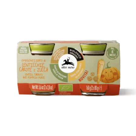 Alce Nero Omogeneizzato di Lenticchie, Carote e Zucca Biologico 2 x 80gr