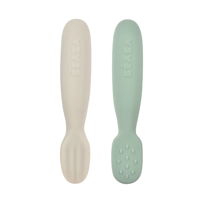 BÉABA Set Con Forchetta E Cucchiaio Ergonomici Da Apprendimento - Rosa - Da 8 Mesi - Dadi e Mattoncini