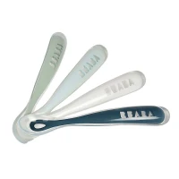 BÉABA Set 2 Cucchiaini Silicone Bebè 1ª Età – Dai 4 Mesi, Morbidi, Punta Arrotondata, Manico Lungo Ergonomico, Custodia Da Trasporto, Finitura Anti-Polvere – Argilla/Pralin