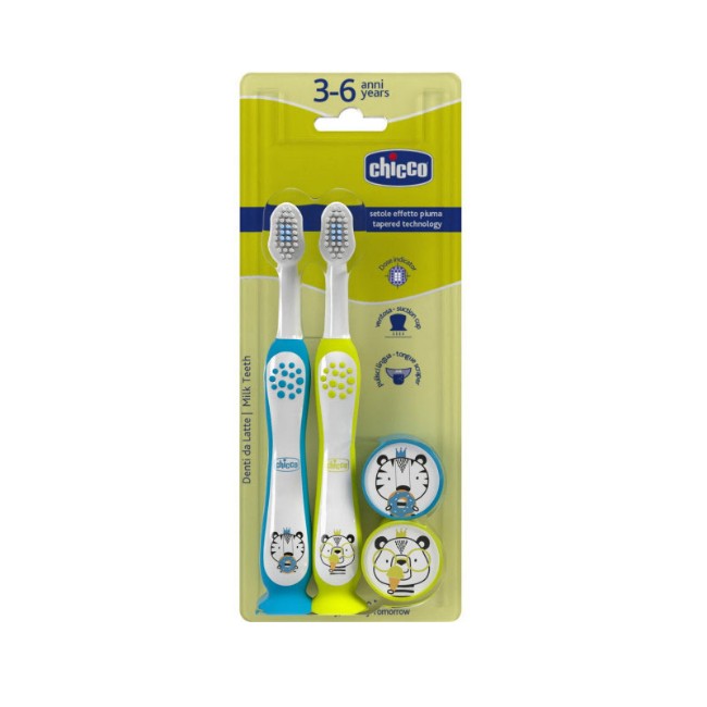 Chicco Bipack Set 2 Spazzolini Neonato e Bambino Azzurro e Giallo 3-6 Anni