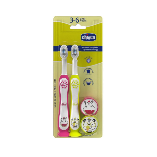 Chicco Bipack Set 2 Spazzolini Bambino Giallo e Lilla 3-6 Anni