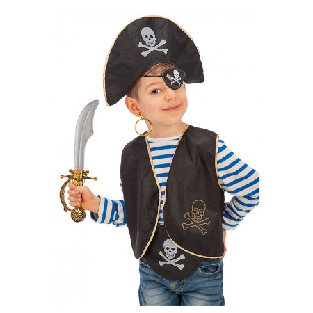 Set Pirata con Cappello, Benda, Gilet, Orecchino, Spada e Cintura