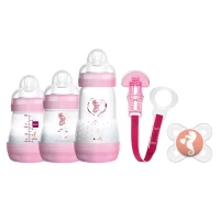 Mam Set Regalo Nascita Welcome to the World con 3 Biberon, Ciuccio Start Nano e Clip Porta Ciuccio - Rosa