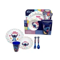 Immagine di Set Pappa 5pz Stitch per Bambini con Piatto Piano, Piatto Fondo, Bicchiere e Posate