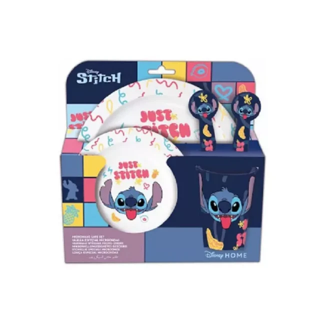 Immagine di Set Pappa 5pz Stitch per Bambini con Piatto Piano, Piatto Fondo, Bicchiere e Posate