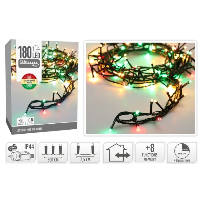 Immagine di Catena di Luci 180 LED Rosso, Verde e Bianco Caldo con Gioco di Luci