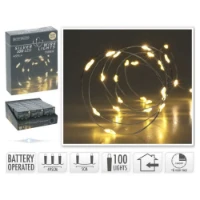Catena di Luci 100 nanoLED Bianco Caldo a Batteria con Timer - Cavo di Metallo 5m per Decorazioni Natalizie