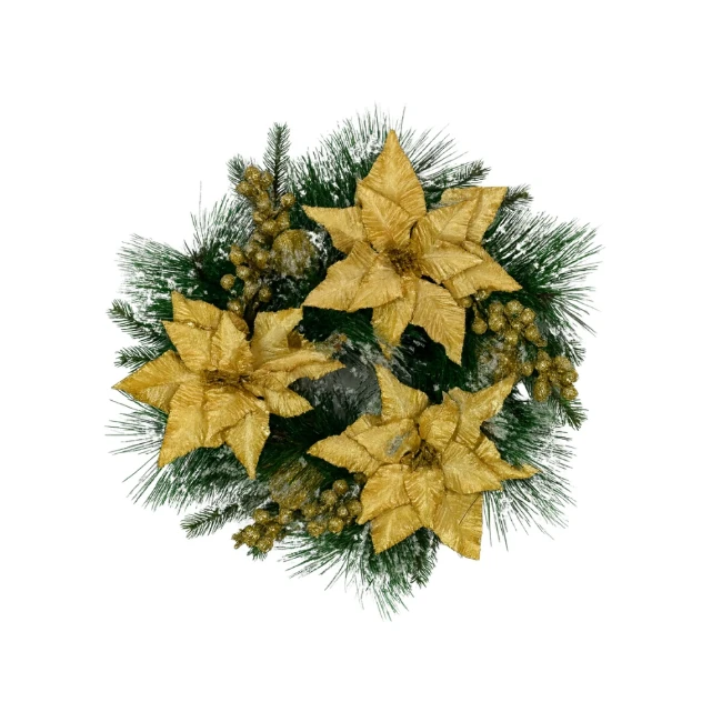 Immagine di Corona Natalizia con Aghi di Pino Innevati e Stella di Natale Oro 40 cm