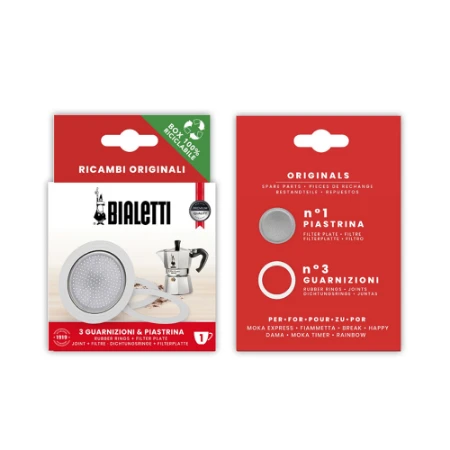 Immagine di Bialetti Ricambi 3 Guarnizioni e 1 Piastrina compatibili con Moka Express, Fiammetta, Break, Happy, Dama, Moka Timer e Rainbow 1 Tazza