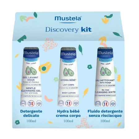 Immagine di Mustela Discovery Kit – Cofanetto Cura Neonato con Detergente Delicato, Fluido Senza Risciacquo e Crema Corpo Hydra Bébé
