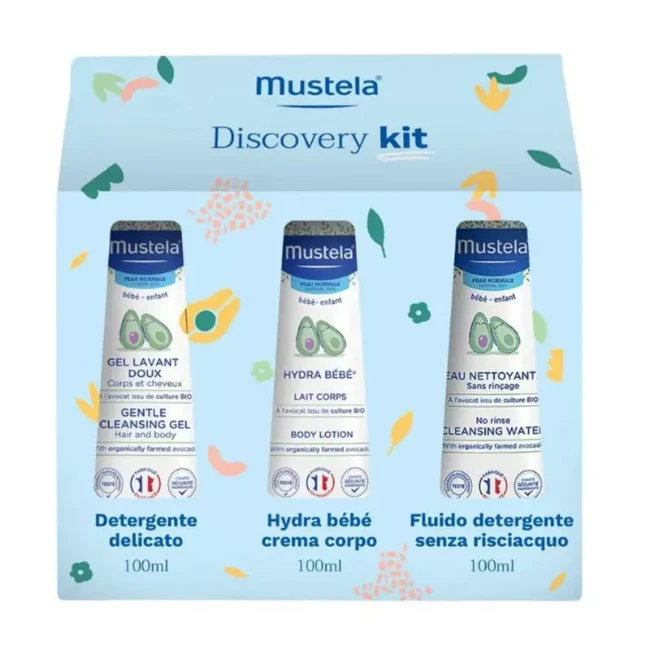 Immagine di Mustela Discovery Kit – Cofanetto Cura Neonato con Detergente Delicato, Fluido Senza Risciacquo e Crema Corpo Hydra Bébé