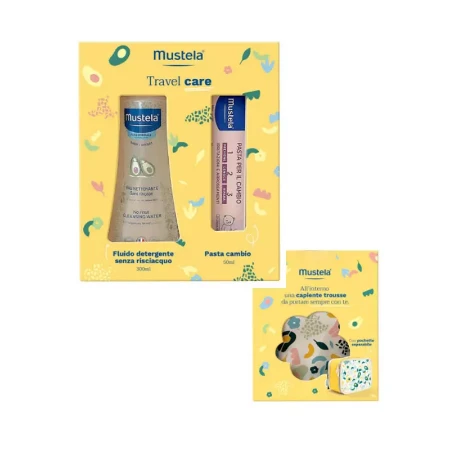 Immagine di Mustela Kit Travel Care per Neonato con Trousse – Fluido Detergente, Pasta Cambio e Pochette 