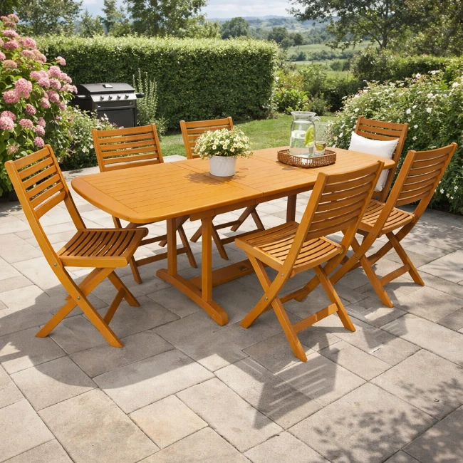 Immagine di Set Tavolo Allungabile Dakota e 6 Sedie Calgary in Legno Tropicale PEFC