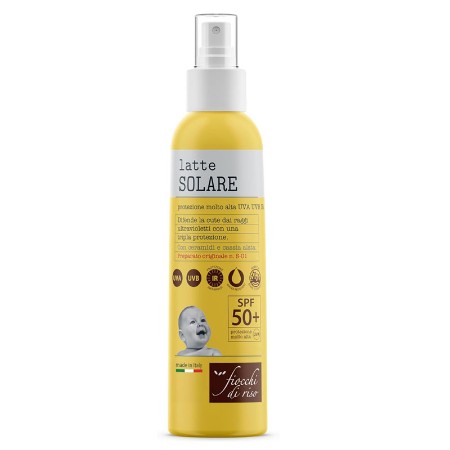 Immagine di Fiocchi di Riso Latte Solare Spray SPF 50+ 140 ml per Bambini e Neonati - Tripla Protezione UVA UVB IR, Coral Friendly, Flacone Riciclato