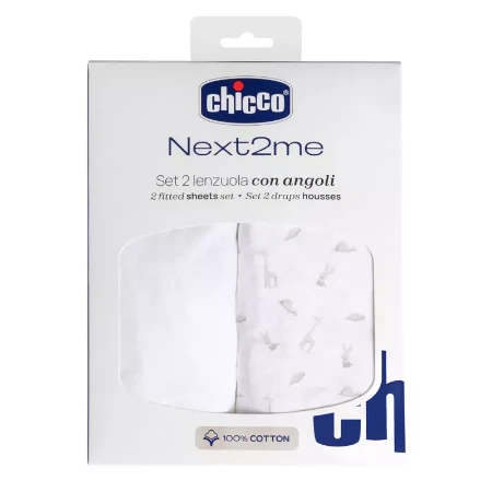 Immagine di Chicco Set 2 Lenzuola con Angoli per Culla Next2Me in Puro Cotone - per Materassi 80 x 83 cm