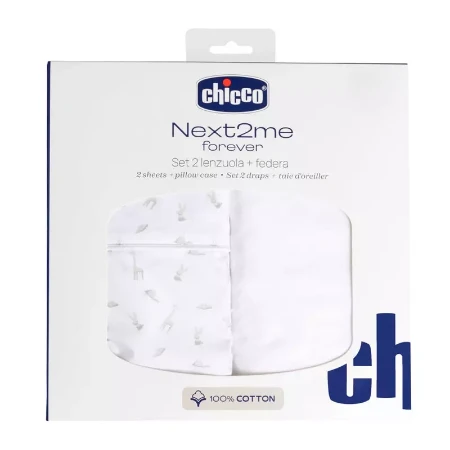 Immagine di Chicco Set Lenzuola Completo Culla Next2Me Forever in Puro Cotone con Lenzuolo Sopra, Lenzuolo Sotto e Federa - per Materassi 58 x 110 cm