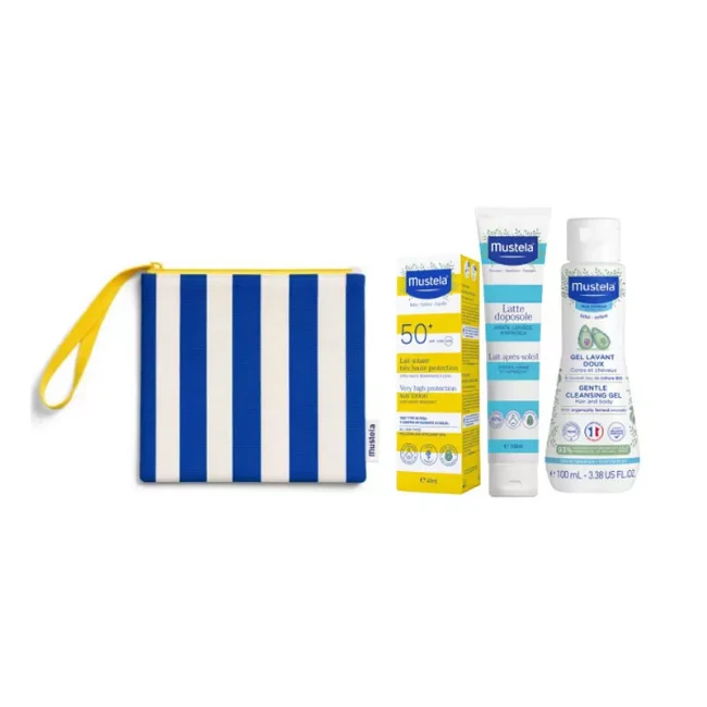 Immagine di Mustela Kit Viaggio Bambino Beauty in Cotone Riciclato con Detergente Delicato 100 ml, Crema Solare 40 ml e Latte Doposole 100 ml