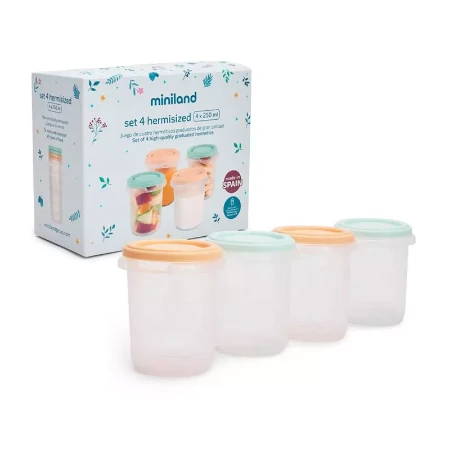 Immagine di Miniland Dreamland Set 4 Contenitori Ermetici Pappa e Latte Materno, Impilabili, per Frigo e Freezer 250 ml